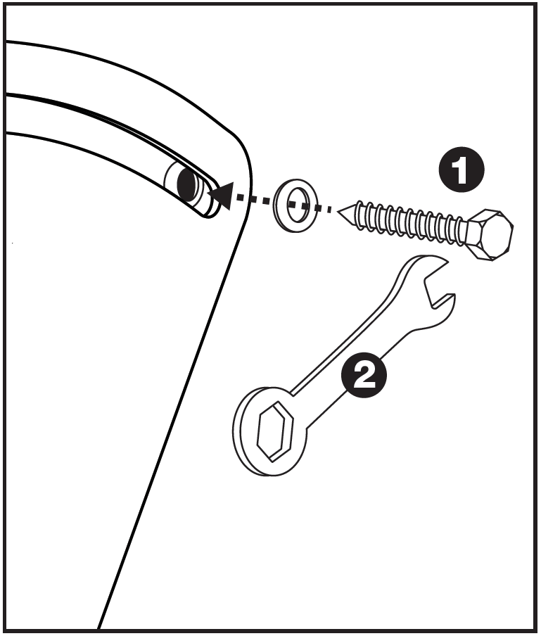 A line drawing illustrating bracket attachment hardware assembly:  Fastener Assembly (Labeled 1): A hex-head lag screw passes through a flat washer. A dashed line with an arrow indicates inserting the screw and washer into an elongated mounting slot on the curved speaker bracket arm.  Tool (Labeled 2): A dual-ended wrench (combination open-ended and box wrench) is shown below the fastener assembly to tighten the hex bolt into place.
