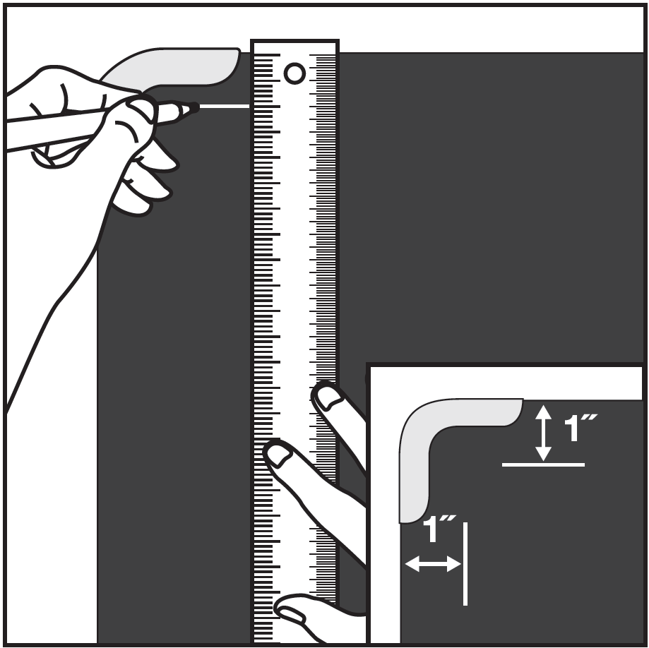A line drawing illustrating how to measure and mark corner spacing for hardware installation:  Main Diagram: A hand holds a pen to mark a line along a vertical ruler placed against a dark background, aligned with an L-shaped corner bracket or foam protector in the upper-left area.  Inset Detail (Bottom Right): A close-up callout shows an L-shaped corner bracket positioned at the corner of a panel frame, with two double-headed arrows labeled 1" indicating a 1-inch offset measurement from both the top edge and the side edge.