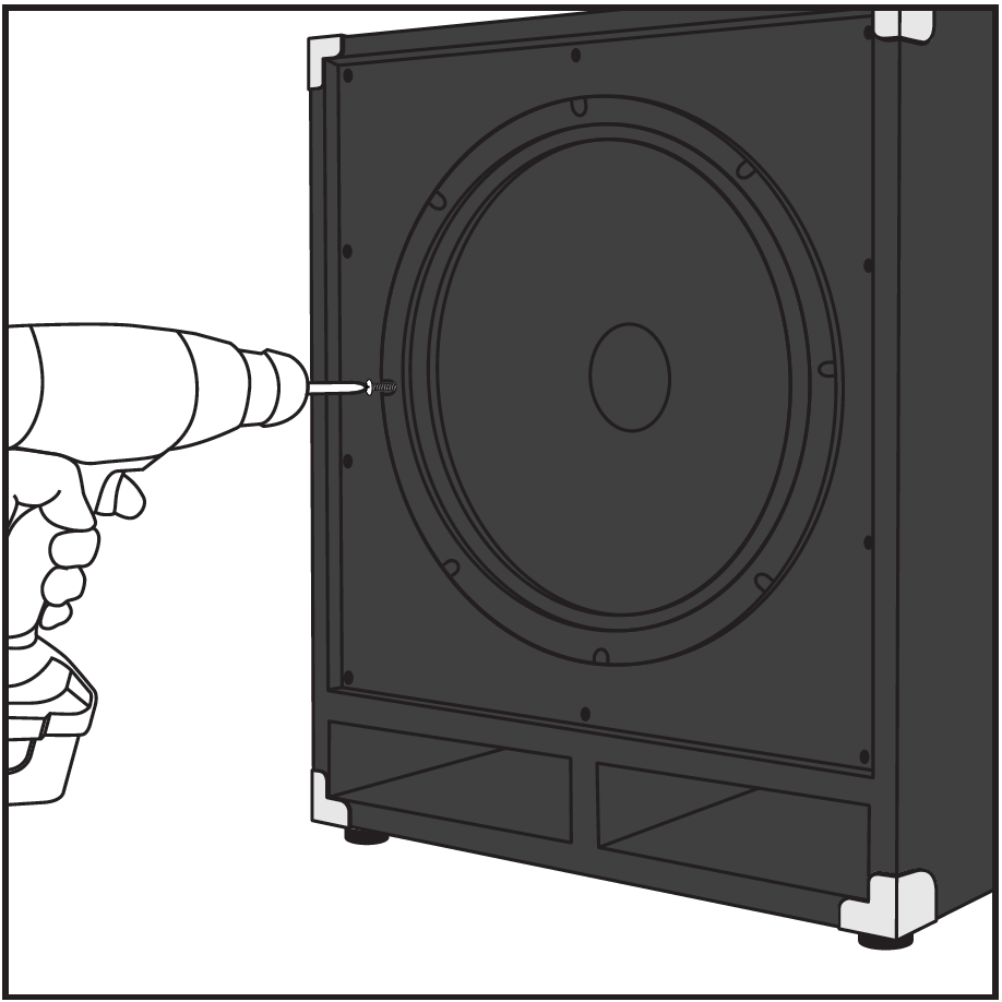 A technical line drawing illustrating how to install a woofer driver into a speaker cabinet:  Cabinet Enclosure: A large rectangular speaker cabinet featuring metal corner protectors at top and bottom, rubber feet, and dual lower port openings. A circular speaker driver is fitted into the front baffle cutout.  Fastening Action: A hand holds a power drill on the left side, driving a screw through one of the mounting holes along the left edge of the speaker driver rim to secure it into the baffle board.