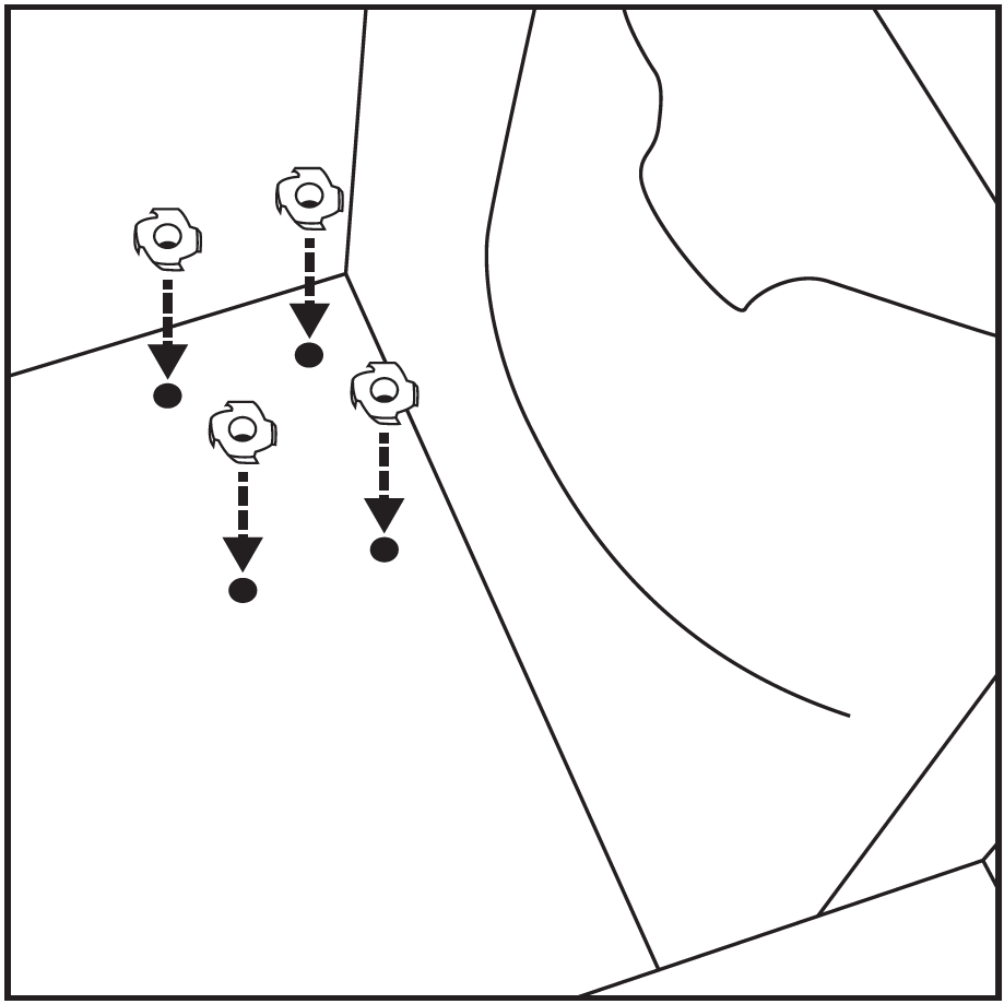 A line drawing illustrating the placement and installation of T-nut hardware inside a cabinet structure:  Internal View: An interior view of an wooden cabinet or enclosure showing joined wood panels and an inner partition wall.  Hardware Assembly: Four pronged T-nuts (tee nuts) are shown suspended directly above four corresponding pre-drilled mounting holes in the bottom interior panel.  Installation Direction: Dashed directional arrows point straight down from each T-nut toward its respective hole, indicating that the prongs are to be inserted into the openings.
