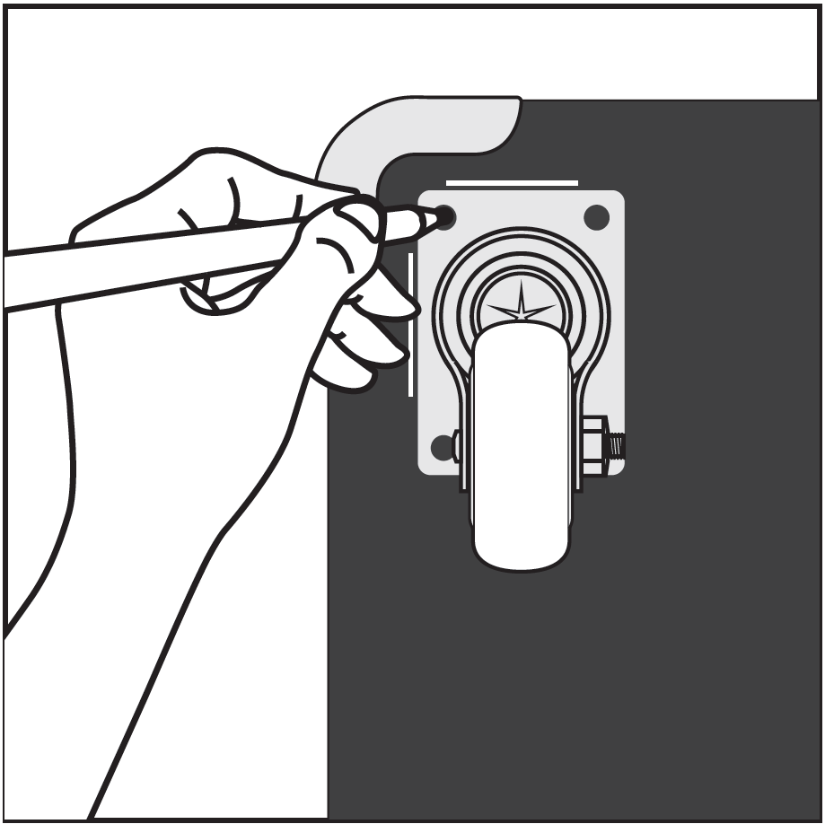 A line drawing illustrating how to mark hole locations for mounting a caster wheel:  Caster Alignment: A caster wheel assembly with a rectangular metal base plate is positioned near the corner of a dark panel, aligned flush against an L-shaped corner bracket guide.  Marking Action: A hand holds a pen to mark the screw locations through the top-left mounting hole on the caster plate onto the surface. Additional screw holes are visible at the remaining corners of the base plate.