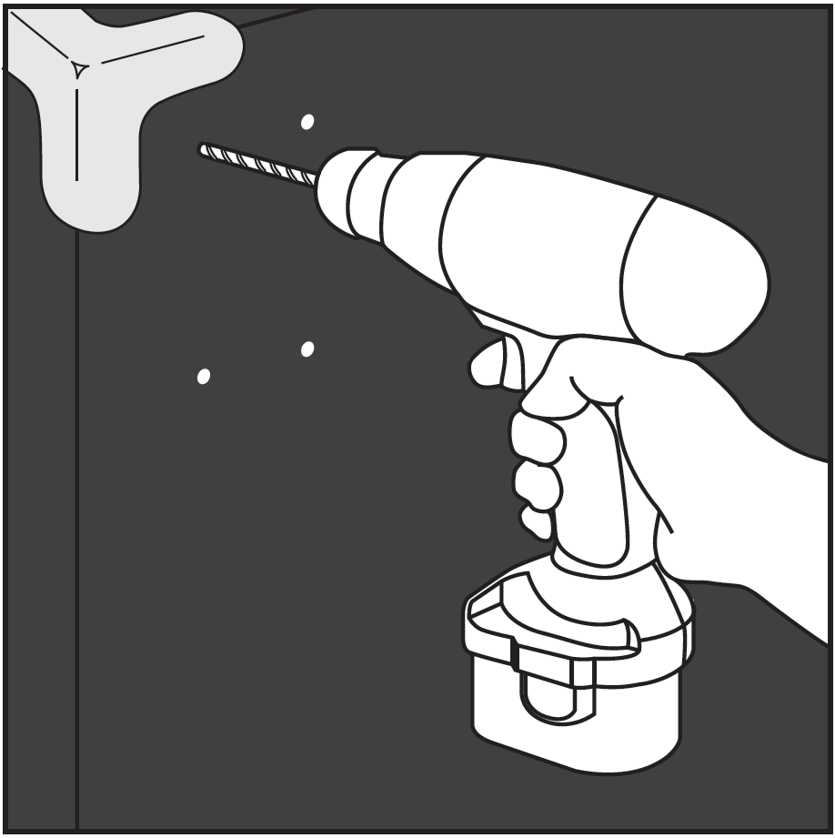 A line drawing illustrating how to drill pilot holes for mounting hardware:  Corner Assembly: An L-shaped three-way corner protector or bracket is fitted onto the upper-left corner of a panel frame.  Marked Hole Locations: Four small circular pen marks are visible on the panel surface corresponding to the caster wheel plate mounting pattern.  Drill Action: A hand grips a power drill, aligning the drill bit directly over the top-left marked location to bore a pilot hole.