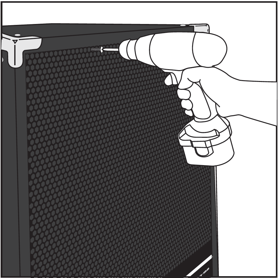 A line drawing illustrating securing a front grille onto an equipment cabinet or road case:  Cabinet Design: A large rectangular equipment cabinet features metal corner protectors at the top-left and top-right edges and a honeycombed or textured front metal speaker grille.  Fastening Action: A hand grips a power drill, driving a wood or sheet-metal screw into the top trim edge of the cabinet frame to secure the protective front grille in place.