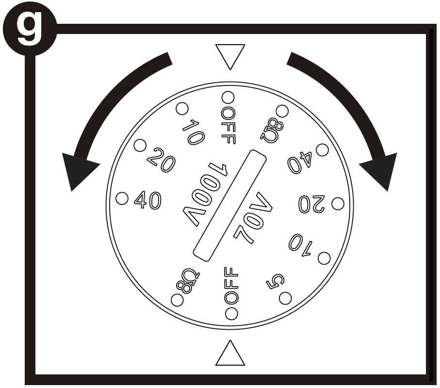 A detailed line drawing labeled g in a black circle at the top-left corner, illustrating a slotted rotary transformer tap selector switch:  Switch Design: A round dial featuring a center screwdriver slot and two alignment triangles (one pointing down at the top center, and one pointing up at the bottom center). Curved black arrows on both sides indicate that the dial turns in either direction.  Dial Markings & Settings:  70V Settings (Right Side): Tap options marked along the perimeter including 5, 10, 20, and 40 watts, positioned above an OFF position.  100V Settings (Left Side): Tap options marked along the perimeter including 10, 20, and 40 watts, positioned above an OFF position.  Low-Impedance Bypass: Labeled 8$\Omega$ at both top-right and bottom-left positions for direct 8-ohm operation.