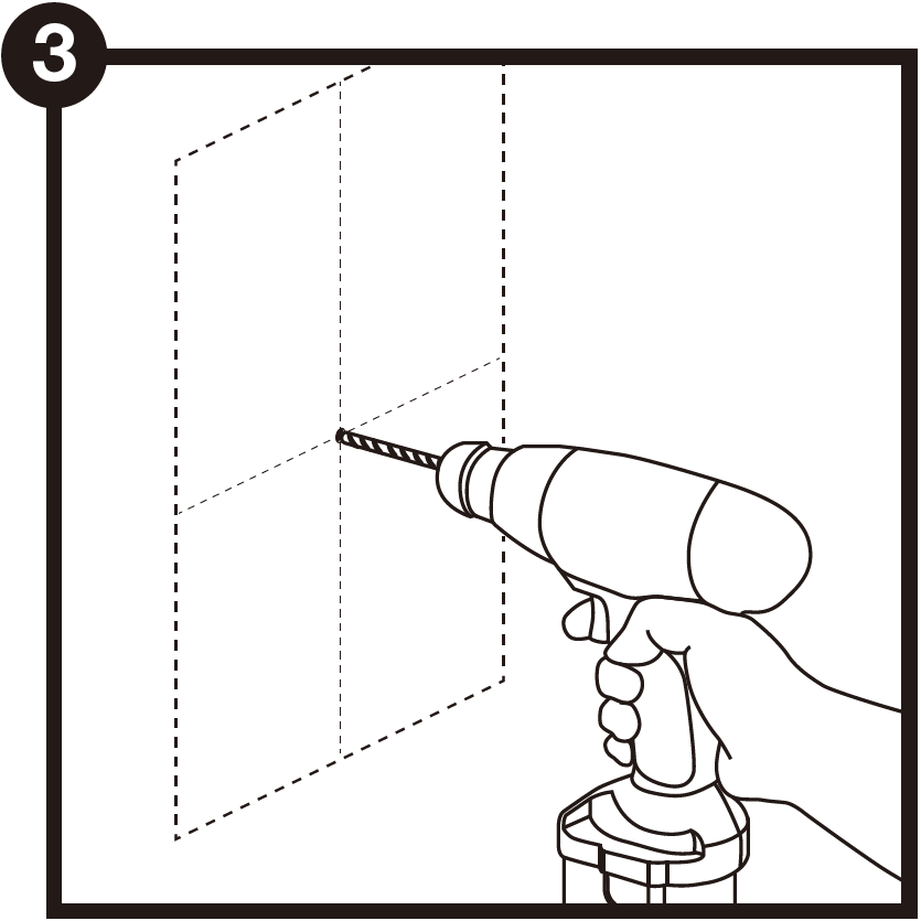 A technical line drawing labeled with the number 3 in a black circle at the top-left corner demonstrates drilling a starter hole:  Traced Outline: A rectangular template boundary is drawn with dashed lines on the wall, with vertical and horizontal dashed centerlines intersecting at the middle.  Drilling Action: A hand holds a cordless power drill perpendicular to the wall, with the drill bit positioned directly at the center intersection point of the traced rectangle to create a pilot hole.