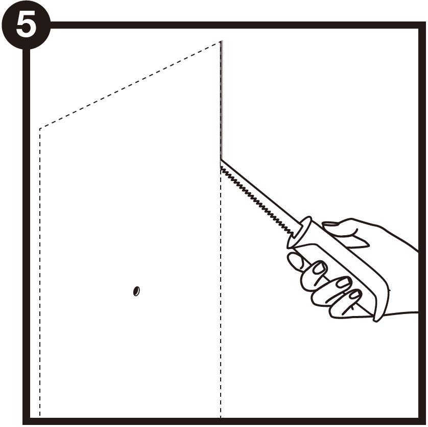 A technical line drawing labeled with the number 5 in a black circle at the top-left corner demonstrates cutting out the drywall opening:  Traced Outline: A rectangular shape with a small drilled hole in the center is marked with dashed lines on a drywall wall surface.  Cutting Action: A hand holds a handheld drywall saw (jab/keyhole saw) with its serrated blade inserted into the wall, actively cutting along the right vertical dashed line of the rectangular template outline.