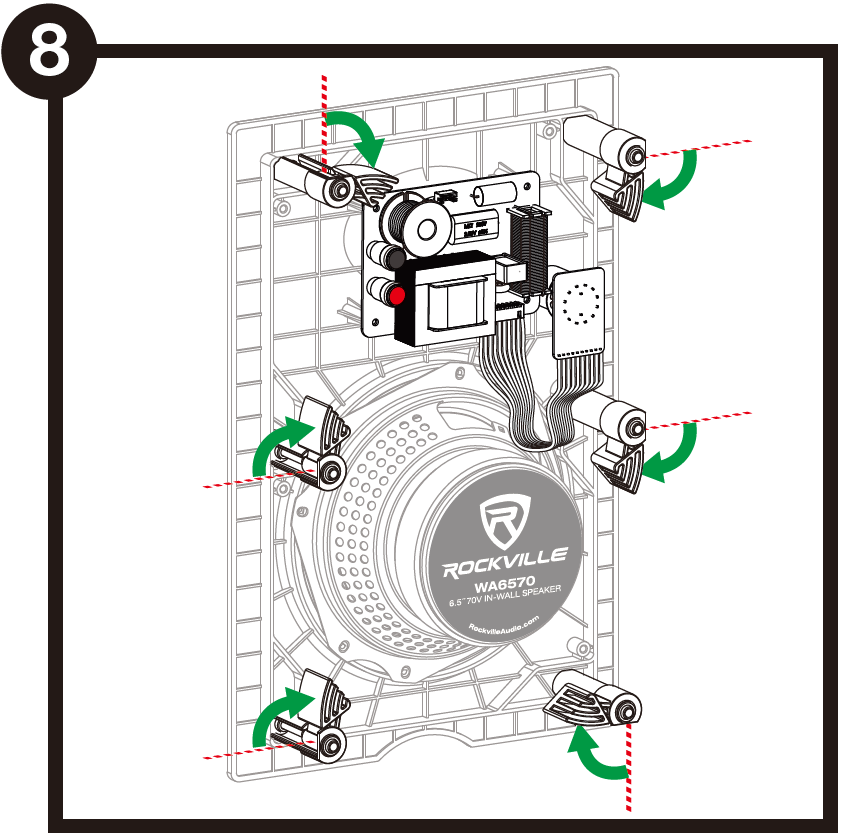A technical diagram labeled with the number 8 in the top-left corner, showing a rear view of the Rockville WA6570 in-wall speaker mounting mechanism:  Dog-Leg Clamps: Six mounting clamps (dog legs) are positioned around the outer rim of the speaker frame—three on the left side and three on the right side.  Rotation Indicators: Curved green arrows and dashed red axis lines illustrate the outward rotational direction of each dog-leg bracket as the front screws are tightened, clamping the speaker securely against the backside of the drywall.