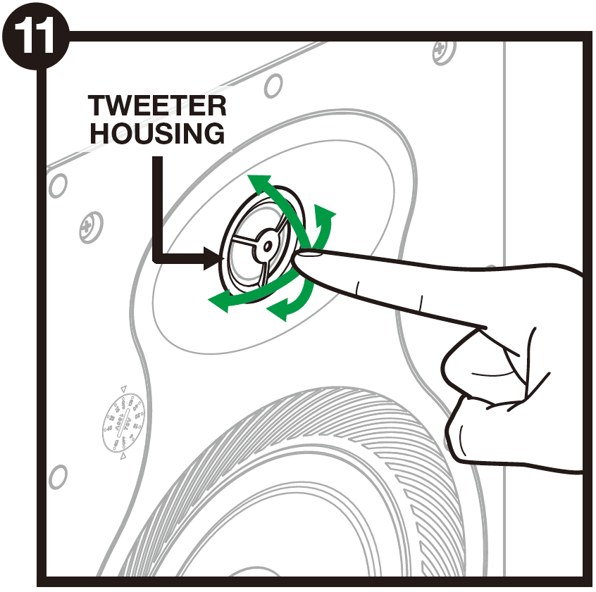 A technical line drawing labeled with the number 11 in a black circle at the top-left corner demonstrates adjusting the speaker tweeter:  Tweeter Adjustment: A hand points to and presses the outer edge of the circular tweeter. An L-shaped arrow points to the assembly labeled "TWEETER HOUSING."  Directional Indicator: Green curved arrows surrounding the tweeter housing indicate multi-directional swivel motion (up, down, left, and right) to aim sound toward the desired listening area.  Speaker Features: The surrounding oval baffle, top portion of the main woofer cone below, and an adjustable selector dial on the left edge are visible.