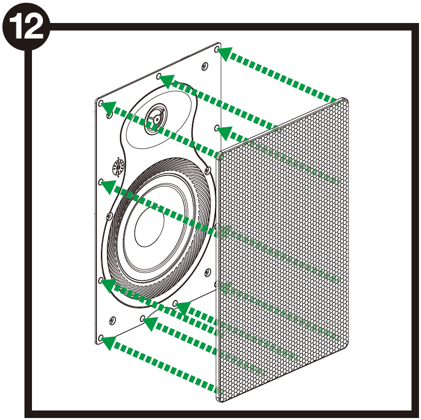 A technical line drawing labeled with the number 12 in a black circle at the top-left corner demonstrates attaching the speaker grille:  Grille Attachment: A rectangular mesh speaker grille is aligned directly in front of the mounted in-wall speaker assembly.  Alignment Indicators: Multiple green dashed arrows extend from the corners and sides of the mesh grille to corresponding magnet/attachment points along the outer rim of the speaker frame.  Speaker Assembly: The underlying speaker face shows the mounted baffle, tweeter housing, main woofer, and tap selector dial.