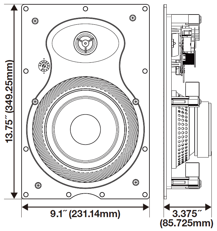 Short Alt Text (Recommended) Dimensional schematic drawing of an rectangular in-wall speaker showing front and side profile measurements.  Detailed Description (For extended accessibility captions) A technical schematic line drawing displaying the front elevation and side profile views of a rectangular in-wall speaker with key dimensions labeled:  Front View (Left Diagram): Shows a rectangular mounting baffle housing a tweeter at the top, a round volume/tap selector dial to the left of the tweeter, and a large woofer driver below.  Height: Vertical double-headed arrow indicates an overall height of 13.75 inches (349.25 mm).  Width: Horizontal double-headed arrow indicates an overall width of 9.1 inches (231.14 mm).  Side View (Right Diagram): Shows the depth profile of the front baffle plate, rear crossover circuitry, dog-leg mounting clamps, and woofer magnet assembly.  Mounting Depth: Horizontal double-headed arrow at the bottom indicates a mounting depth of 3.375 inches (85.725 mm).