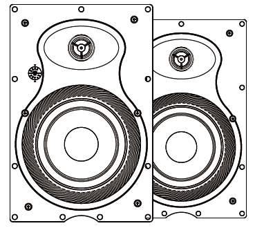 A technical line drawing depicting a pair of identical rectangular in-wall speakers positioned side-by-side:  Speaker Layout: Each speaker features a 2-way driver design mounted within a outer rectangular baffle frame lined with perimeter mounting holes and corner assembly screws.  Tweeter: Located in the top section within an oval recess, featuring a circular tweeter with a tri-star protective grille guard. The front speaker also features a small circular adjustment dial or switch located to the left of the tweeter housing.  Woofer: A large circular woofer cone with ribbed surround detailing occupies the lower half of each speaker panel.