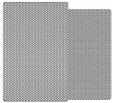 A technical line drawing depicting two rectangular speaker grilles side-by-side:  Grille Design: Two flat, rectangular protective speaker grilles featuring a uniform, fine mesh/perforated hole pattern across their entire surfaces with rounded corners.  Arrangement: The left grille is positioned slightly higher and in front, partially overlapping the second grille resting directly behind it to the right.