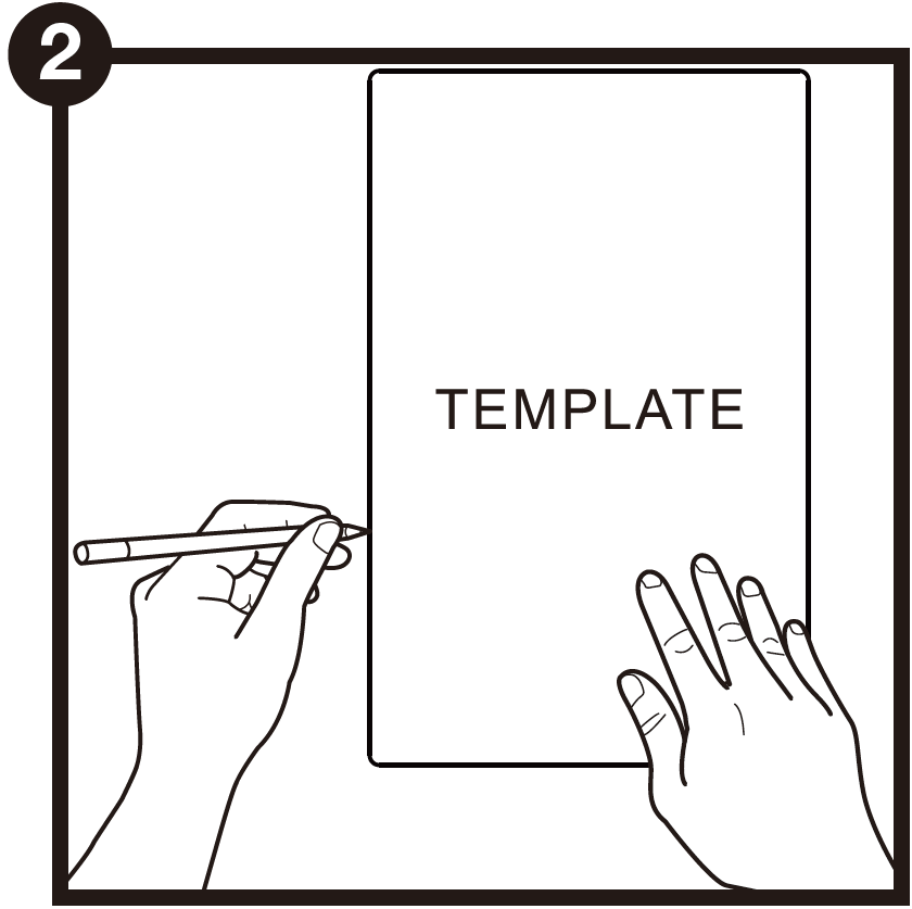 A technical illustration labeled with the number 2 in a black circle at the top-left corner demonstrates tracing a mounting layout:  Template Placement: A rectangular cutout template labeled "TEMPLATE" is held firmly against a wall or mounting surface by a right hand placed along its bottom-right edge.  Tracing Action: A left hand holds a pencil against the left border of the template to trace its outer outline onto the wall.