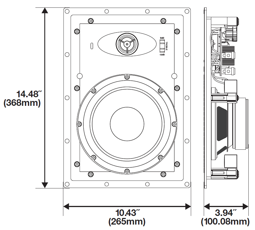 A technical dimensional drawing illustrating the front face and profile view of a rectangular in-wall speaker with measurement callouts:  Front View (Left):  Layout: Displays a rectangular outer frame containing a central woofer cone, an upper tweeter assembly, and a treble toggle switch labeled 0dB and -3dB.  Height Measurement: Double-ended vertical dimension arrows indicate a total height of 14.48” (368mm).  Width Measurement: Double-ended horizontal dimension arrows indicate a total width of 10.43” (265mm).  Side Profile View (Right):  Layout: Displays the depth profile of the speaker assembly, including the rear magnet structure, mounting dog-leg clamps, and crossover circuit board.  Depth Measurement: Double-ended horizontal dimension arrows indicate a total mounting depth of 3.94” (100.08mm) from the rear of the mounting flange.