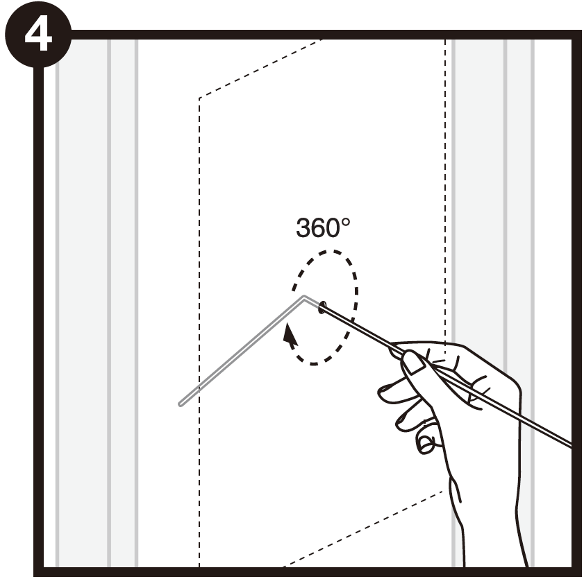 A technical line drawing labeled with the number 4 in a black circle at the top-left corner demonstrates probing the wall cavity:  Traced Outline: The dashed rectangular outline of the speaker cutout is shown marked on a drywall wall surface.  Probing Action: A hand holds a straight wire tool with a 90-degree bent tip inserted into the center pilot hole.  Rotation Indicator: A circular dashed arrow labeled "360°" surrounds the hole, showing that the bent wire is rotated in a full circle inside the wall cavity to check for hidden studs, pipes, or electrical wiring before cutting.