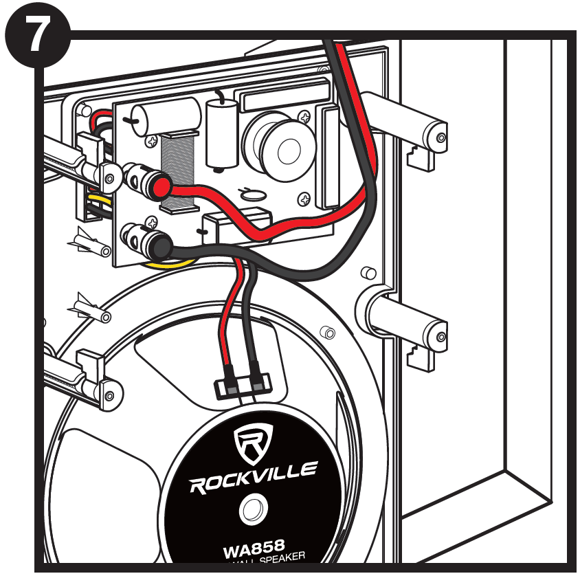 A technical line drawing labeled with the number 7 in a black circle at the top-left corner demonstrates connecting the audio wiring to the speaker:  Circuit Board & Terminals: The rear crossover circuit board of an in-wall speaker unit features two push-button spring terminals—a red positive terminal and a black negative terminal.  Wiring Connections: The red (positive) wire from the wall connects to the red terminal, and the black (negative) wire connects to the black terminal. Internal lead wires run from these terminals down to the speaker driver's voice coil connectors.  Speaker Assembly: The rear of the speaker cone is visible below the circuit board, displaying a circular black magnet label with the Rockville shield logo and the model designation "WA858 WALL SPEAKER." Mounting dog-ear clamps are positioned along the outer plastic frame.
