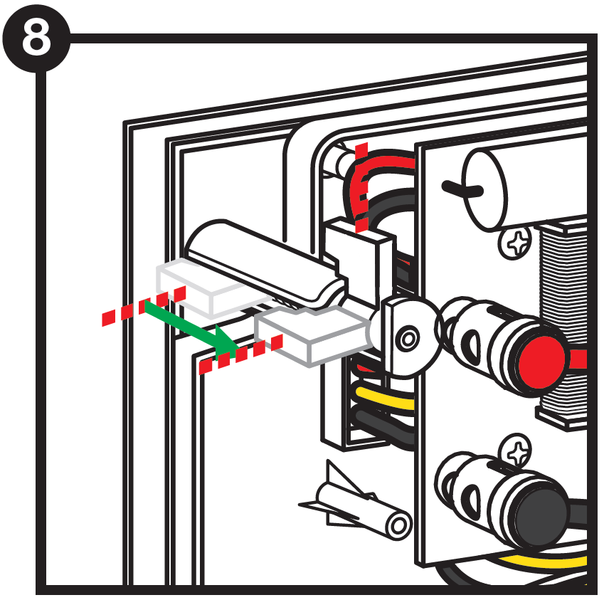 A technical line drawing labeled with the number 8 in a black circle at the top-left corner illustrates securing an in-wall speaker mounting clamp:  Dog-Ear Clamp Mechanism: A close-up view behind the speaker frame shows a plastic mounting tab (dog-ear clamp) being rotated outward.  Alignment Guidance: Red dashed lines indicate the edge boundary of the wall cutout, while a green arrow demonstrates the clamp foot extending past the outer lip of the speaker housing to grip the back of the drywall.  Component Details: The rear circuit board with red and black spring terminals and electronic components is visible on the right side of the frame.