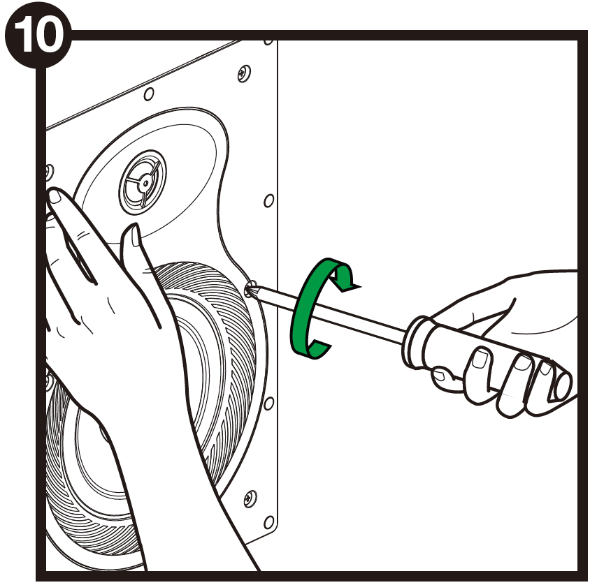 A technical line drawing labeled with the number 10 in a black circle at the top-left corner demonstrates securing the speaker in place:  Securing Action: One hand holds the outer frame of the in-wall speaker flush against the wall, while the other hand uses a Phillips-head manual screwdriver to tighten a mounting screw along the frame edge.  Rotational Direction: A green curved arrow around the screwdriver shank indicates turning clockwise to drive the screw and engage the rear dog-ear mounting clamps.  Speaker Features: The front of the installed speaker shows the upper tweeter housing, main lower woofer cone, and multiple mounting screw holes around the outer rim.