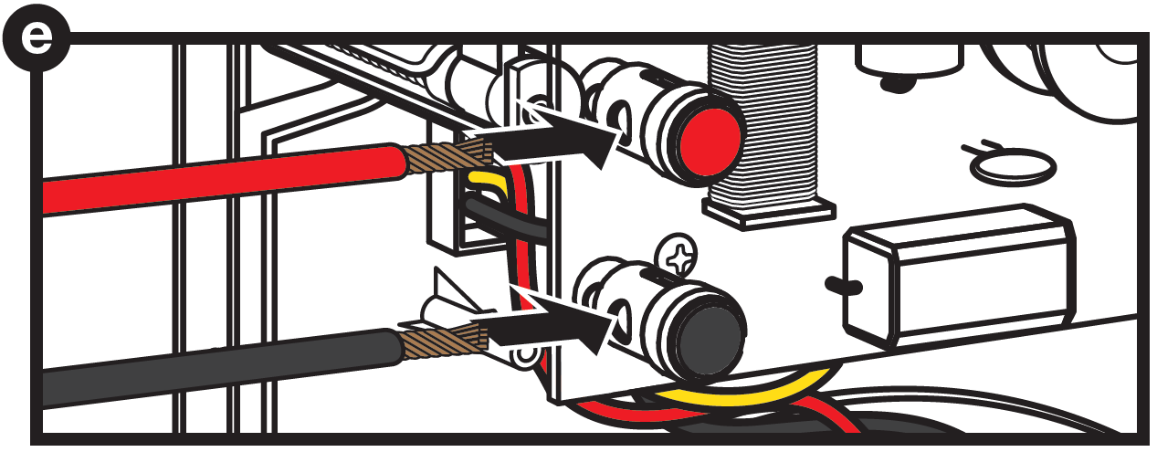 A technical diagram labeled e in a black circle at the upper-left corner illustrates connecting wire leads to push-style terminals on an internal speaker circuit board:  Terminal Connections:  A stripped copper wire with red insulation aligns with a black arrow pointing directly into the side hole of the top push terminal (marked with a red cap/end).  A stripped copper wire with black insulation aligns with a black arrow pointing directly into the side hole of the bottom push terminal (marked with a black cap/end).  Circuit Board Components: The surrounding circuit board surface displays electronic components, including internal wiring, a screw connector, capacitors, and an inductor coil.