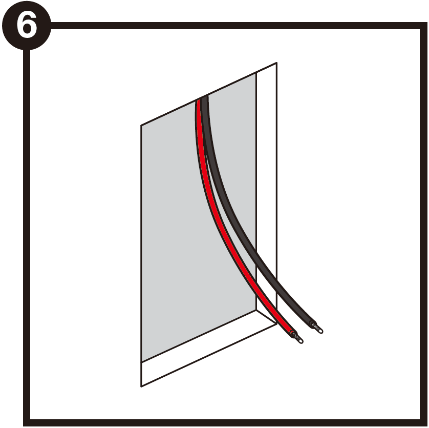 A technical line drawing labeled with the number 6 in a black circle at the top-left corner demonstrates running speaker wiring:  Wall Cutout: A clean rectangular hole cut into the drywall surface.  Speaker Wires: Two insulated speaker wires—one red (positive) and one black (negative)—run through the wall cavity and extend outward through the bottom of the rectangular cutout opening.  Exposed Leads: The ends of both wires are stripped, exposing short lengths of bare metal conductor ready for connection.