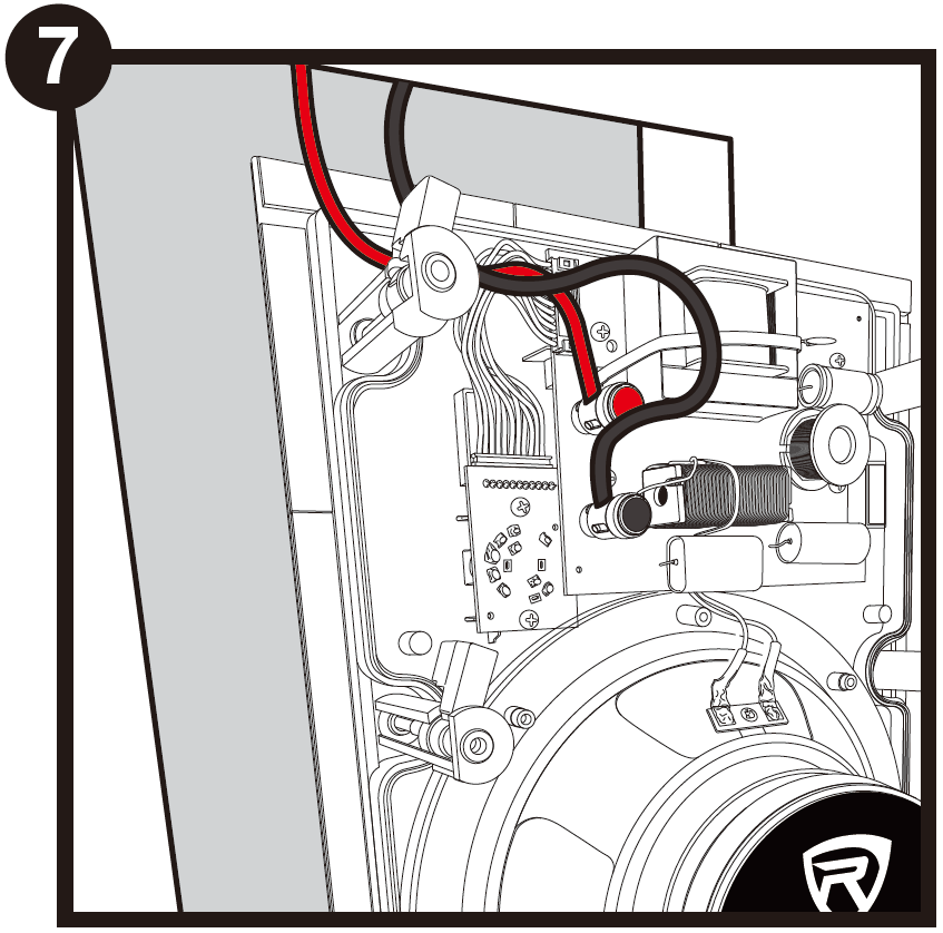A technical wiring diagram labeled with the number 7 in the top-left corner, illustrating speaker wire routing and rear connections:  Wiring Connection:  Two conductor speaker cables—one marked in red (+ positive) and one in solid black (- negative)—enter from the top and route down toward the crossover network board on the rear of the speaker.  The red wire connects to the red-marked positive spring terminal, while the black wire connects to the adjacent black negative spring terminal.  Rear Hardware Details:  Highlights the rear component layout including the circuit board, inductors, capacitors, mounting dog-leg clamps on the outer edges, and the upper section of the rear woofer magnet marked with a brand logo.