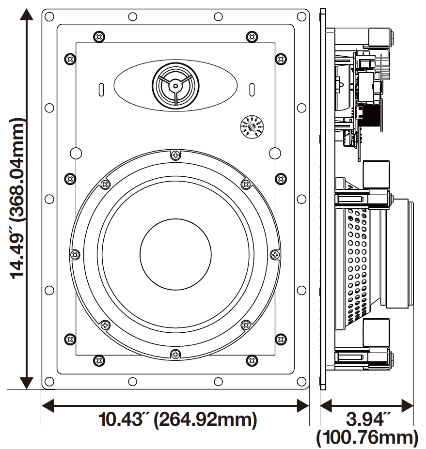 A technical line drawing showing the front view and side profile with overall dimensions for a rectangular 2-way in-wall speaker:  Front View (Left):  Height: 14.49" (368.04 mm) total vertical height of the outer mounting frame.  Width: 10.43" (264.92 mm) total horizontal width of the outer mounting frame.  Features: Displays the tweeter mounted at the top, a small circular tap selector dial to the right, and the main woofer driver positioned at the bottom, surrounded by frame screw hole mounts.  Side View (Right):  Mounting Depth: 3.94" (100.76 mm) total profile depth extending behind the mounting flange, showing the rear magnet structure, crossover electronics, and dog-leg mounting brackets.