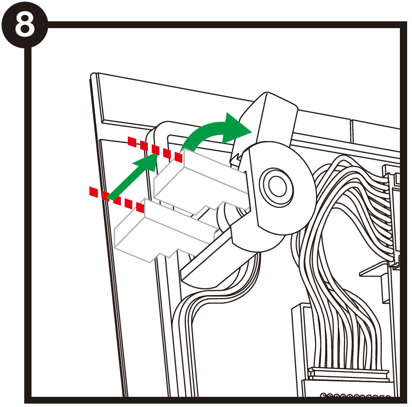 A technical diagram labeled 8 in a black circle at the top-left corner demonstrates the mechanical operation of an in-wall speaker's mounting clamp:  Clamp Operation:  Rotation: A green curved arrow indicates that turning the mounting screw rotates the dog-leg clamp arm outward 90 degrees into position behind the wall surface.  Clamping Action: A green straight arrow accompanied by red dashed reference lines shows the clamp arm moving forward toward the mounting flange to clamp tightly against the drywall or mounting surface.  Rear Assembly Context: The background details show the rear inner frame, internal wire harnesses, and the screw head mechanism attached to the clamp bracket.
