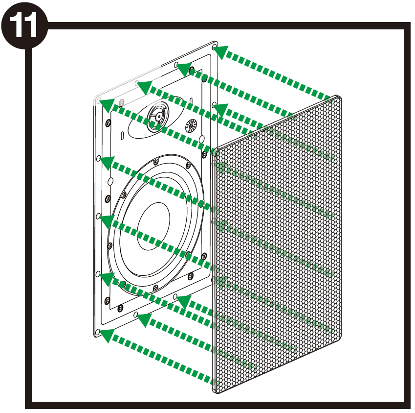 A technical diagram labeled 11 in a black circle at the upper-left corner illustrates the final step of attaching the speaker cover:  Grille Alignment: A rectangular mesh speaker grille is shown positioned directly in front of the installed in-wall speaker unit.  Attachment Mechanism: Multiple dashed green arrows point from the corners, edges, and sides of the mesh grille directly toward corresponding contact points around the perimeter frame of the speaker baffle, indicating magnetic or push-fit attachment of the grille onto the front housing.  Speaker Assembly Context: The in-wall speaker baffle behind the grille displays the tweeter assembly at the top, the rotary selector switch to its right, and the large woofer driver below it, surrounded by the outer mounting trim.