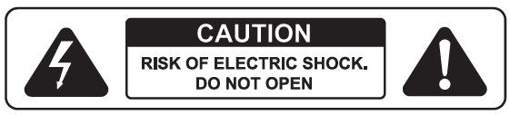 A standard electrical safety warning label enclosed in a rounded rectangular border:  Left Icon: A black triangle containing a white lightning bolt symbol indicating high-voltage electrical hazard.  Center Text Box: A central box with a black top banner reading "CAUTION" in white uppercase text. The white lower box reads "RISK OF ELECTRIC SHOCK. DO NOT OPEN" in black uppercase text.  Right Icon: A black triangle containing a white exclamation point symbol indicating a general safety hazard alert.