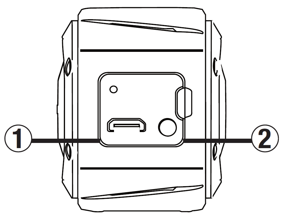 A line drawing illustrating the side connection compartment of a square portable Bluetooth speaker:  1: Micro-USB charging port located on the lower-left side inside the recessed panel cutout.  2: 3.5mm AUX audio input jack located on the lower-right side of the port bay.  Status Light & Latch: An LED indicator light is positioned in the upper-left corner of the panel, alongside a rubber flap latch tab along the right outer edge.
