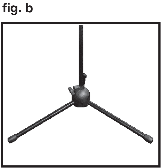 An instructional diagram labeled "fig. b" in the upper-left corner showing a fully deployed tripod base:  Base Configuration: Three metal legs radiate outward evenly from a central dome-shaped housing collar to form a stable, flat triangular tripod footprint.  Vertical Shaft: A central vertical pole extends upward from the top of the base joint collar.  Adjustment Mechanism: A tightening knob or locking lever sits near the top of the center housing to secure the leg extension angle in place.