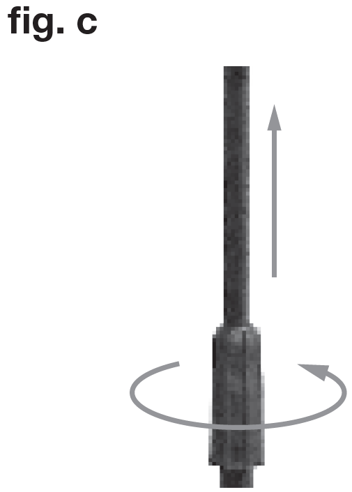 An instructional diagram labeled "fig. c" in the upper-left corner showing height adjustment for a stand shaft:  Pole Assembly: A thin upper metal shaft extends vertically from inside a wider lower shaft fitted with a textured twist clutch collar joint.  Directional Arrows:  A circular grey arrow loops horizontally around the central clutch collar, indicating the rotational twisting motion required to loosen or tighten the mechanism.  A vertical grey arrow points straight upward parallel to the upper extension pole, showing the direction to raise the pole once the clutch is unlocked.