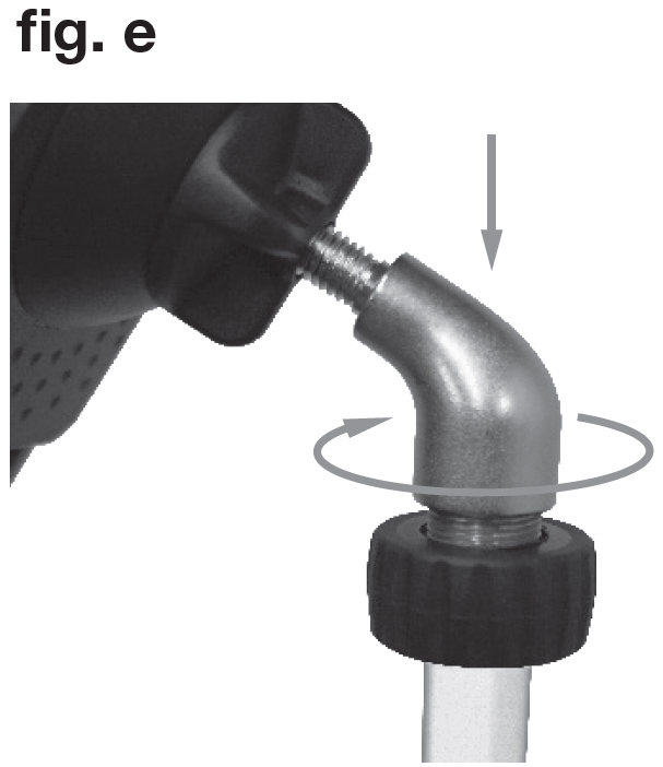 An instructional diagram labeled "fig. e" in the upper-left corner showing how to mount an angled attachment to a stand:  Assembly: A curved metallic elbow bracket is screwed onto the threaded stud at the top of the stand, positioned above the black knurled locking nut. The other end of the bracket connects to a device housing with a black adjustment knob.  Directional Indicators:  A straight downward arrow points directly to the top of the metal elbow joint, indicating placement onto the stand's threaded tip.  A circular grey arrow loops around the base of the elbow joint to show the rotational motion required to thread it into place before locking the lower nut upwards against it.