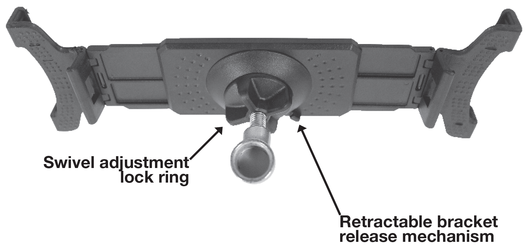 A labeled diagram showing the back side of an expanded black plastic tablet mount with a central mounting stem:  Swivel Adjustment Lock Ring: An arrow on the left points to a threaded black plastic collar at the center back, labeled "Swivel adjustment lock ring," which secures a ball-and-socket joint connected to a metal mounting eyelet.  Retractable Bracket Release Mechanism: An arrow on the right points to a small tab near the lower edge of the center housing, labeled "Retractable bracket release mechanism," used to unlock and adjust the expanding side arms.  Structure: The two outer bracket arms extend symmetrically to the left and right, featuring textured gripping pads at each corner.