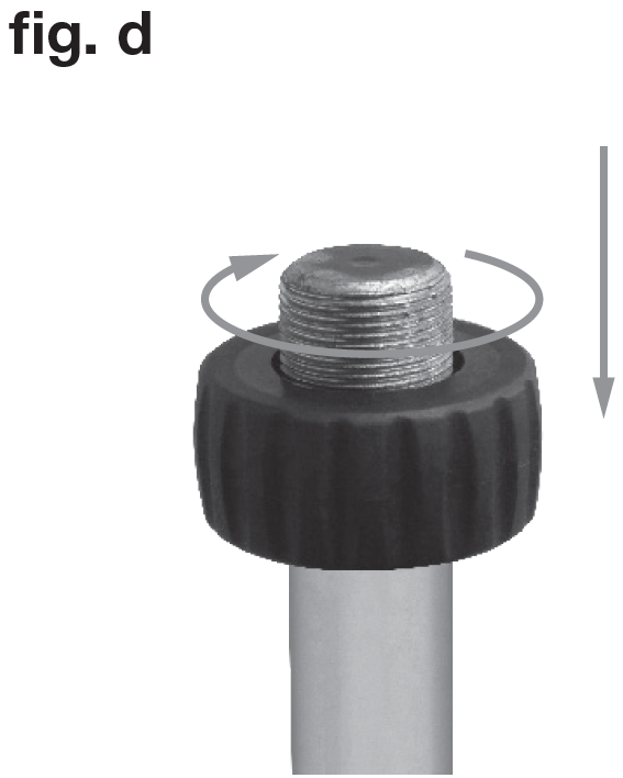An instructional diagram labeled "fig. d" in the upper-left corner showing the top mounting tip of a stand:  Threaded Stud: A silver, threaded metal bolt extends vertically from the top of a smooth metal stand pole.  Locking Ring Nut: A thick, black plastic knurled locking ring is threaded onto the stud.  Directional Arrows:  A circular grey arrow loops horizontally around the threaded stud, illustrating the rotation needed to turn the locking ring.  A straight grey arrow points downward along the right side, showing that turning the ring moves it down toward the top of the pole to secure attached equipment (such as a microphone clip or camera base).