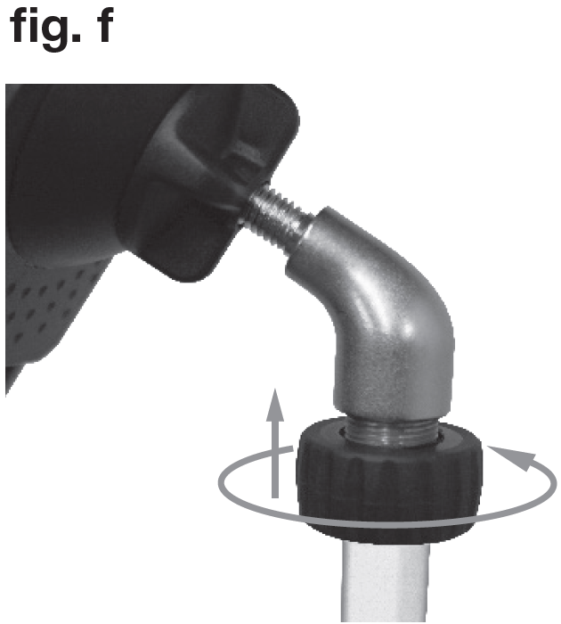 An instructional diagram labeled "fig. f" in the upper-left corner showing how to lock an attached bracket onto a stand:  Assembly: An angled metallic elbow bracket attached to a device housing sits threaded atop the stand post.  Locking Action: The black knurled locking ring nut located on the threaded shaft directly below the elbow joint is tightened flush against the bottom of the metal elbow bracket.  Directional Arrows:  A circular grey arrow loops horizontally around the knurled ring to indicate the rotational direction needed to unscrew/raise the nut up the threads.  A vertical grey arrow points straight upward toward the joint base, showing that the nut moves upward to clamp firmly against the bracket, locking it into position.