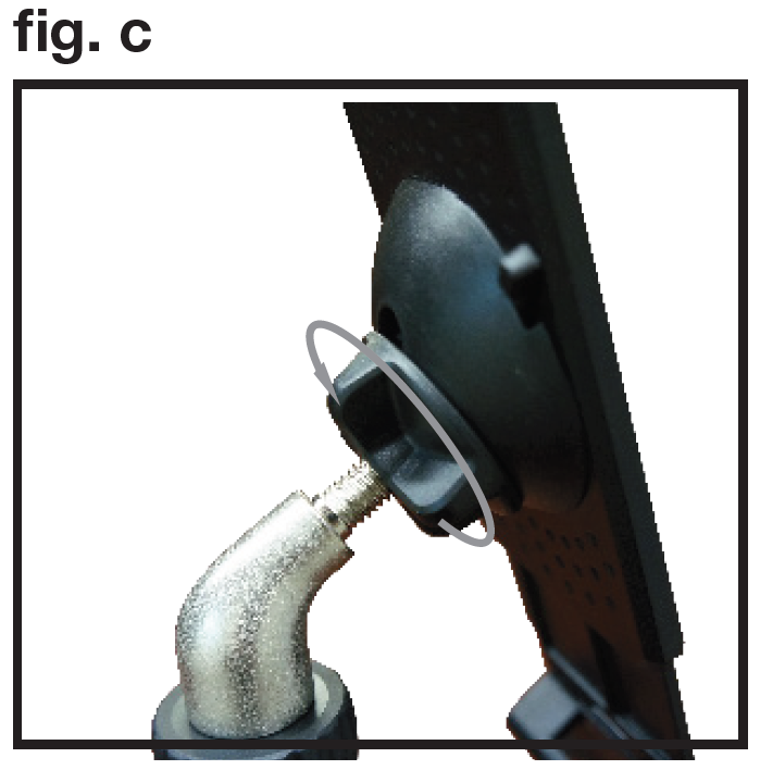 An instructional side-angle photo labeled "fig. c" in the upper-left corner demonstrating how to attach and secure the device holder onto the metallic elbow joint:  Joint Connection: The threaded rod of the curved silver elbow joint is inserted into the back socket of the device mounting plate.  Tightening Knob & Arrow: A black wing knob sits on the threaded shaft behind the socket. A grey circular arrow wraps around the knob, indicating the rotation direction to screw the knob forward onto the threads and lock the holder firmly in place.