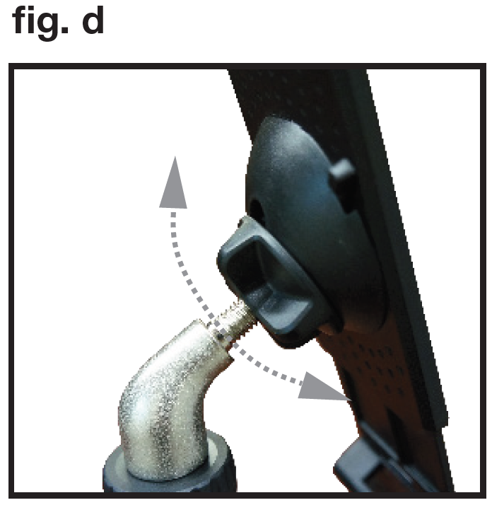 An instructional side-angle photo labeled "fig. d" in the upper-left corner demonstrating the tilt adjustment range of the mounted device holder:  Pivot Mechanism: The black device holder plate is attached to the threaded ball-joint shaft of the silver metallic elbow adapter.  Movement Arrow: A double-headed curved dashed arrow spans vertically along the threaded neck, indicating that the holder plate can pivot up and down to adjust the viewing angle before locking the rear wing nut into place.