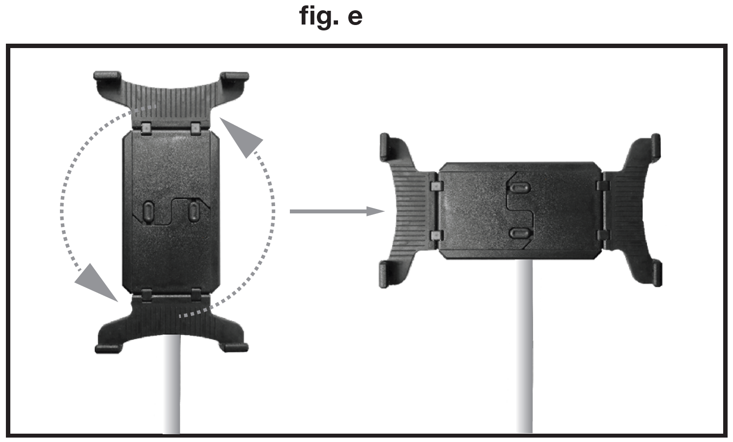 An instructional diagram labeled "fig. e" centered at the top demonstrates 90-degree rotation of a universal device cradle mounted on a vertical stand pole:  Left View (Portrait Orientation): The black device holder is positioned vertically. Two curved, dashed grey arrows loop around opposite corners to show a 90-degree clockwise rotation path.  Transition: A straight horizontal grey arrow points from the left image to the right image.  Right View (Landscape Orientation): The device holder is shown in its reoriented horizontal position on top of the vertical stand pole.