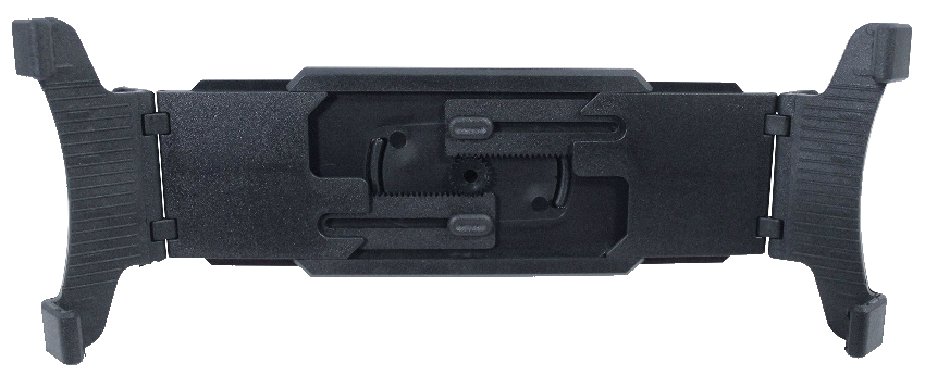 A labeled diagram of a universal black plastic device holder showing its adjustable clamping features:  Bracket Claw: An arrow at the top-left points to the raised gripping edge at the tip of the left arm, labeled "Bracket claw."  Retractable Folding Bracket (for tablets): An arrow on the left points to the wide, hinged extension arm on the left side, labeled "Retractable folding bracket (for tablets)."  Folding Bracket (for phones): An arrow on the right points to a smaller secondary flip-out bracket on the right end, labeled "Folding bracket (for phones)."  Center Base: The central body features a textured surface with mounting slots for attaching to a stand arm or swivel joint.