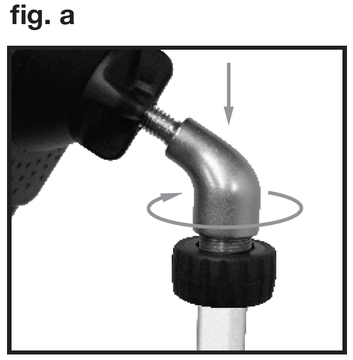 An instructional photo labeled "fig. a" in the upper-left corner demonstrating how to position and rotate the elbow adapter assembly on top of a stand pole:  Assembly: A metallic elbow adapter is connected to a black device mount knob via a threaded stud at the top, resting over the threaded connection point of a vertical stand shaft.  Adjustment Indicators:  A vertical downward arrow points to the bend of the metallic elbow, indicating that the piece should be lowered onto the top of the stand shaft.  A circular grey arrow wraps around the middle section of the metal elbow joint, showing that it can be rotated horizontally to adjust the viewing angle before tightening the lower locking ring collar below it.