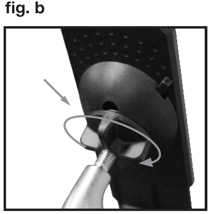 An instructional closeup photo labeled "fig. b" in the upper-left corner showing the rear adjustment knob of a device holder mounted on a ball-and-socket joint:  Rear Assembly: A black wing-style knob is threaded onto a metal ball-joint stud extending from the silver stand neck and connected into the round back housing of the holder plate.  Adjustment Indicators:  A circular grey arrow wraps around the wing-nut knob, showing the rotational direction required to turn it.  A straight grey arrow points inward toward the base of the knob, indicating that tightening the knob compresses the joint to secure the device holder at the desired angle.