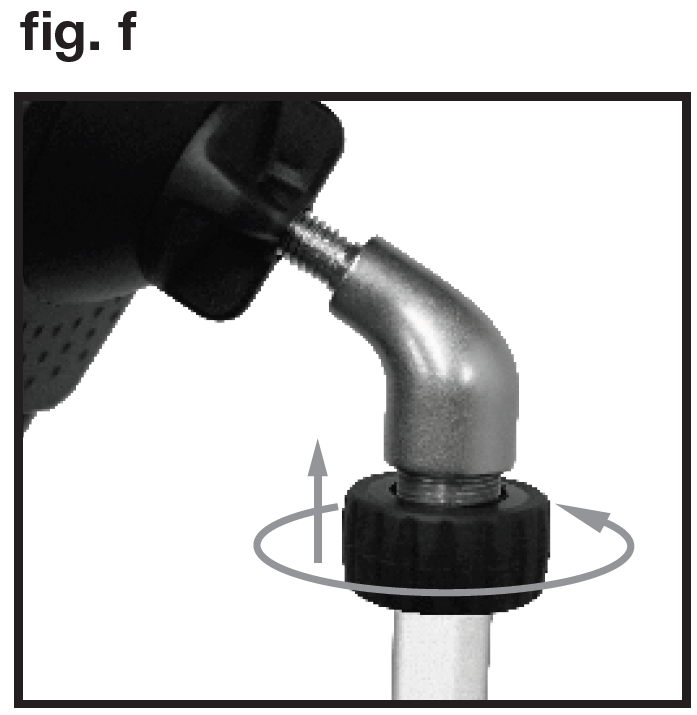 An instructional closeup photo labeled "fig. f" in the upper-left corner showing how to lock the metallic elbow joint assembly to the main stand shaft:  Base Collar Mechanism: A black textured locking collar sits around the top of the silver stand pole directly beneath the curved metallic elbow adapter.  Adjustment Arrows:  A circular grey arrow loops horizontally around the black collar to demonstrate the rotation needed to tighten or loosen the fitting.  A vertical grey arrow points straight upward from the collar, indicating that tightening the ring draws the elbow joint securely upward into position against the stand assembly.