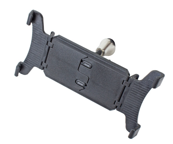 Black plastic universal device holder with expandable corner grips and a metal ball-joint mounting stud on the back.