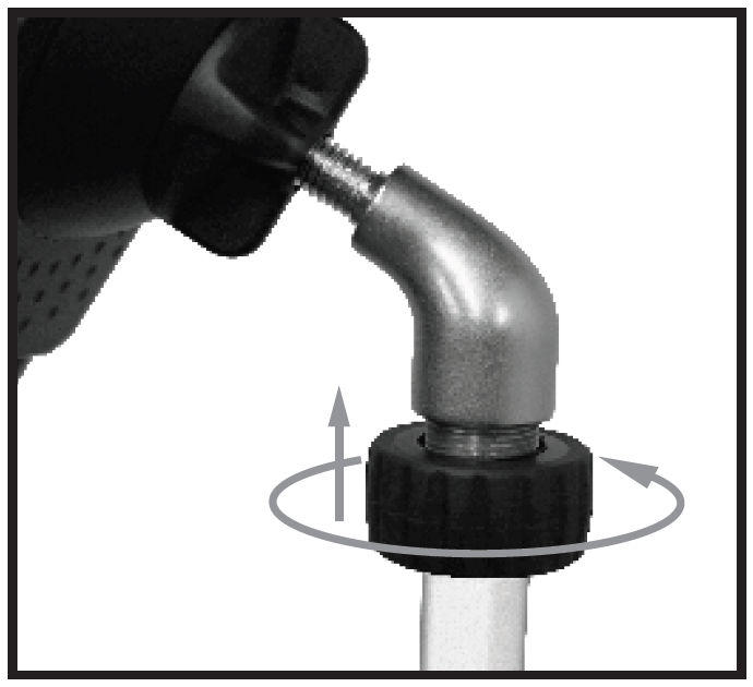 An instructional closeup photo demonstrating how to attach and lock the elbow adapter assembly onto the top of a stand pole:  Assembly: A metallic elbow adapter is threaded into a device holder knob at the top, while its bottom base rests over the threaded top end of a vertical silver stand shaft.  Locking Collar: A textured, black plastic locking ring/collar surrounds the lower threaded section.  Adjustment Indicators:  A circular grey arrow wraps around the collar to show the rotational direction needed to screw it into place.  A vertical grey arrow points straight upward, showing that turning the collar raises it along the threads to clamp and lock the metal elbow joint firmly onto the stand shaft.