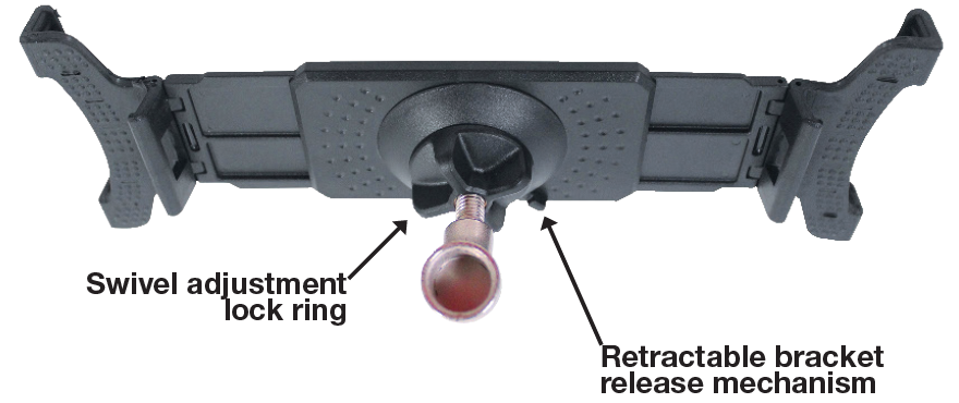 A labeled diagram showing the back side of an expanded black plastic tablet mount with a central mounting stem:  Swivel Adjustment Lock Ring: An arrow on the left points to a threaded black plastic collar at the center back, labeled "Swivel adjustment lock ring," which secures a ball-and-socket joint connected to a metal mounting eyelet.  Retractable Bracket Release Mechanism: An arrow on the right points to a small tab near the lower edge of the center housing, labeled "Retractable bracket release mechanism," used to unlock and adjust the expanding side arms.  Structure: The two outer bracket arms extend symmetrically to the left and right, featuring textured gripping pads at each corner.