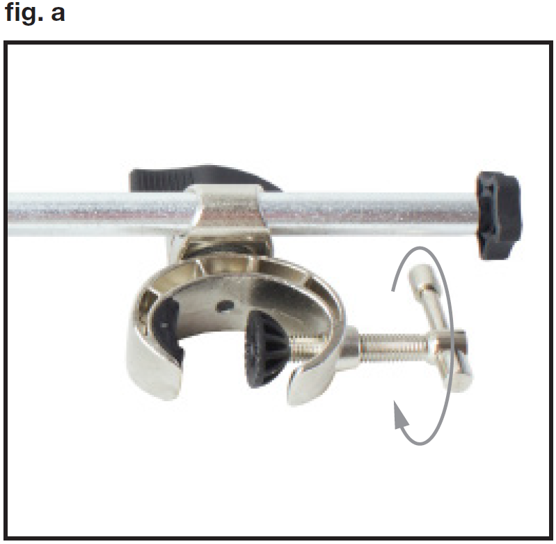 An instructional photo labeled "fig. a" in the top-left corner demonstrates adjusting a metal pole clamp assembly:  Pole and Extension Rod: A slim silver metal rod passes horizontally through a top collar secured with a black thumb knob.  C-Clamp Assembly: A curved metallic C-clamp hangs vertically below the top collar, lined with a black inner protective pad.  T-Bar Screw Adjustment: A threaded bolt with a black pad tip extends into the clamp jaw, controlled by a silver T-bar handle on the right. A circular grey arrow around the handle indicates turning it to tighten or loosen the clamp jaw against a support pole.