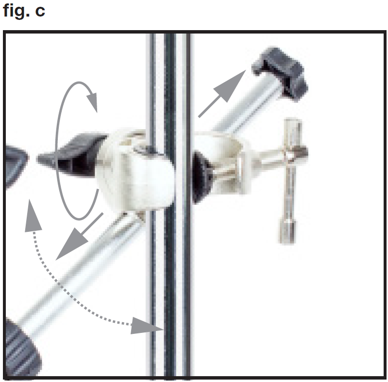 An instructional photo labeled "fig. c" in the top-left corner demonstrates the tilt, extension, and rotation adjustments for the crossbar boom assembly:  Locking Knob Rotation: A circular grey arrow around the black wing-style knob on the top clamp indicates turning it to loosen or lock the extension arm position.  Extension & Slide: Straight grey arrows along the length of the angled metal crossbar show that it can slide forward or backward through the collar to adjust reach.  Angle Adjustment / Pivot: A curved, dashed grey arrow near the base of the crossbar indicates that the entire arm assembly can tilt up or down to set the desired angle relative to the main vertical pole.