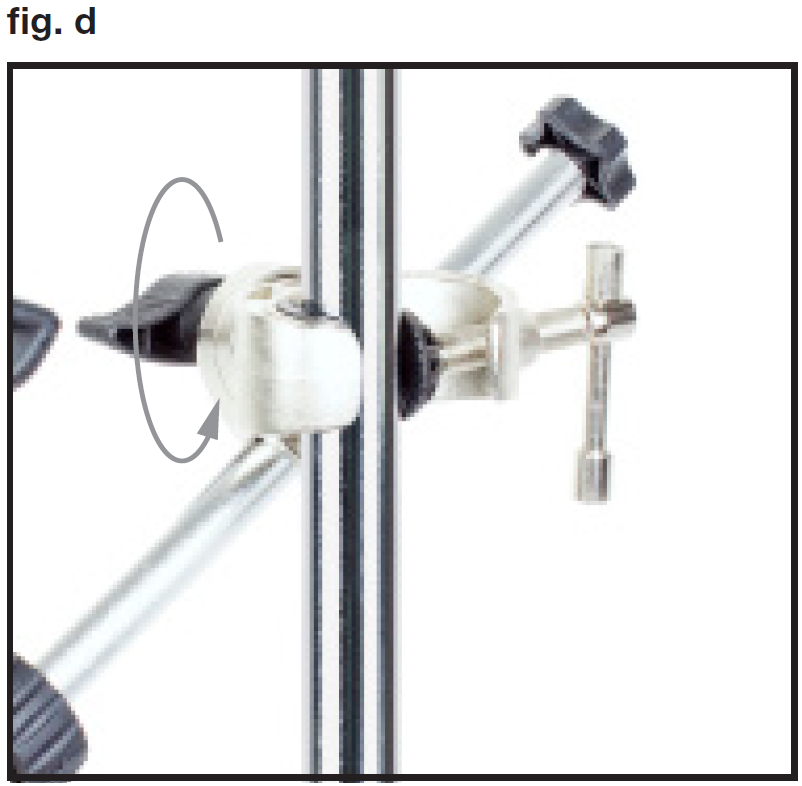 An instructional photo labeled "fig. d" in the top-left corner demonstrates securing the final adjustments on the boom clamp assembly:  Locking Action: A prominent circular grey arrow wraps vertically around the black wing-style knob on the left side of the upper collar.  Mechanism Details: Turning this knob tightens the collar, securing both the tilt angle and the extension length of the crossbar arm relative to the vertical pole.  Overall Setup: The metallic C-clamp remains anchored to the central vertical pole on the right using the T-bar screw handle.