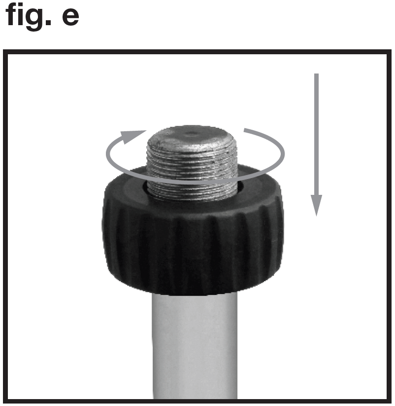 An instructional photo labeled "fig. e" in the top-left corner details adjusting the base lock washer or locking ring on a microphone stand shaft:  Threaded Stem: A metallic vertical extension rod features an exposed threaded male top section designed for mounting a microphone clip or accessory.  Locking Ring: A knurled black plastic locking ring (or lock washer collar) is threaded onto the stem below the exposed threads.  Adjustment Direction:  A circular grey arrow wrapping around the top of the ring indicates rotating it clockwise.  A vertical grey arrow pointing downward along the right side indicates threading the ring lower down the stem toward the smooth lower shaft.